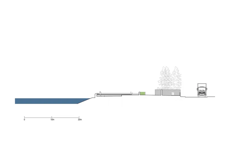 Section drawing illustrating volumes set into sloping terrain with trees and a water body