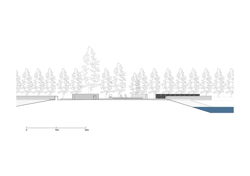 Elevation drawing presenting linear volumes among a row of conifer trees above a water edge