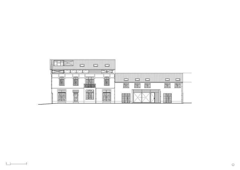 Elevation drawing showing the preserved facade of a multi-story house with gridded windows and single-story addition