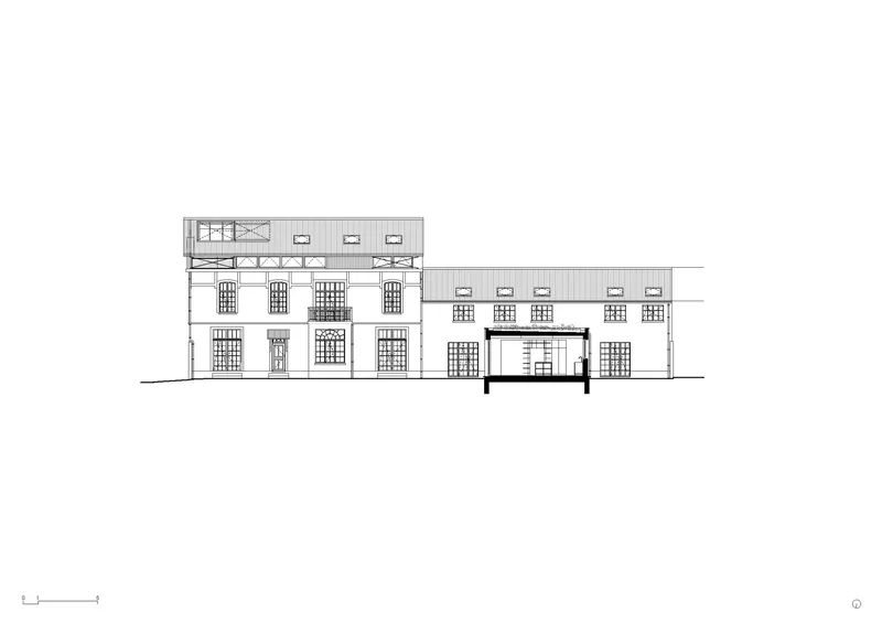 Elevation drawing showing a multi-story structure with gridded windows and a sectional cut through one volume
