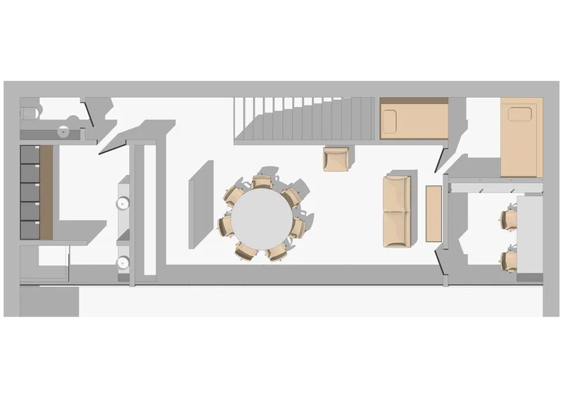 Floor plan drawing showing bathroom, staircase, conference room and two office spaces with furniture layout