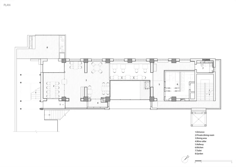 Floor plan drawing showing a linear arrangement of rooms including entrance, dining area, kitchen, and bedrooms with furniture layouts