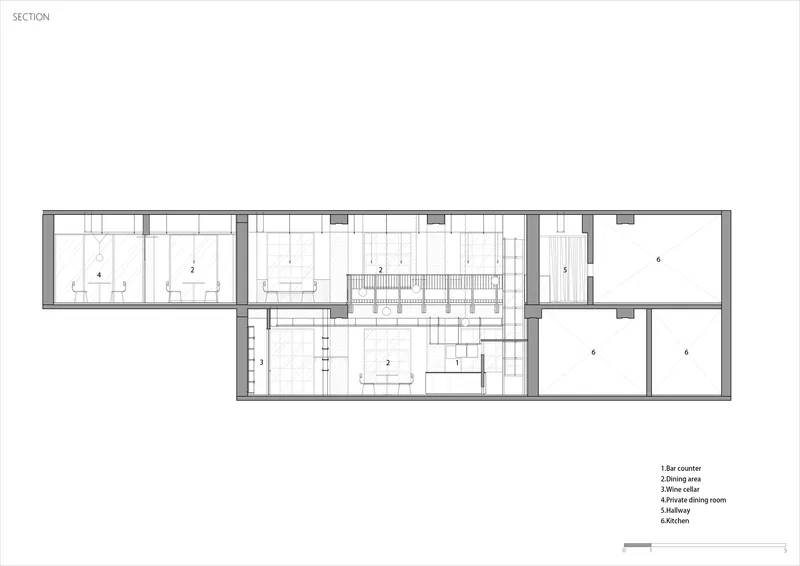 Section drawing revealing two levels with a central staircase connecting living spaces, dining room, and bedrooms