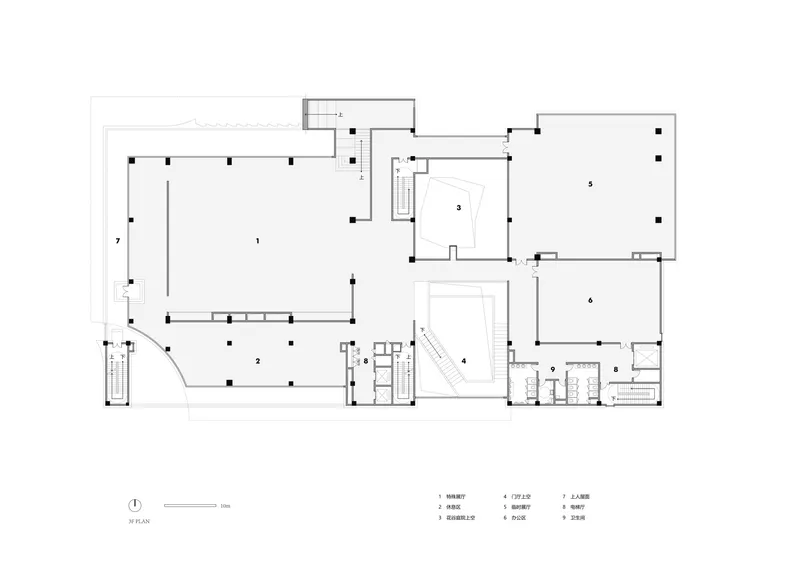 Ground floor plan showing multiple rooms arranged around a central courtyard with staircases at corners