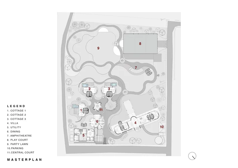 Master plan drawing showing clustered cottage buildings around a curved pool and lawn with landscaping and parking areas