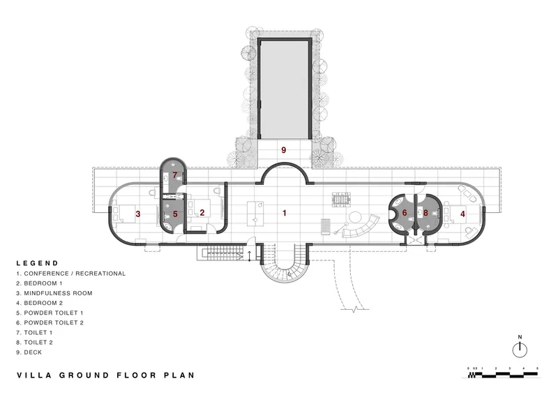 Ground floor plan drawing showing central open space with curved ends housing bedrooms and service areas