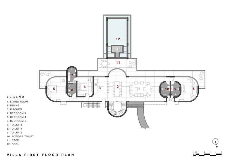 First floor plan drawing showing living and dining spaces with cylindrical bedroom pods and rooftop pool extension