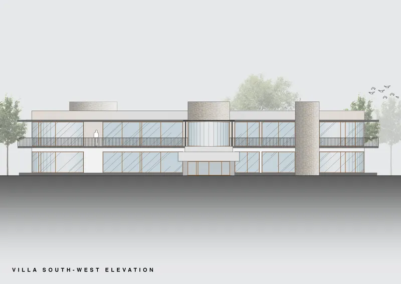 Elevation drawing showing two-story glazed facade with stone volumes and flanking trees