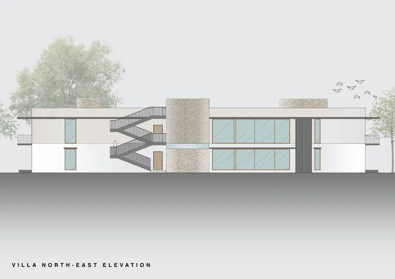 Elevation drawing featuring exterior staircase climbing stone tower with trees and birds overhead