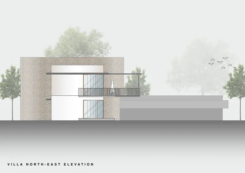 Elevation drawing of stone-clad cube with balcony and adjacent horizontal volume in mist