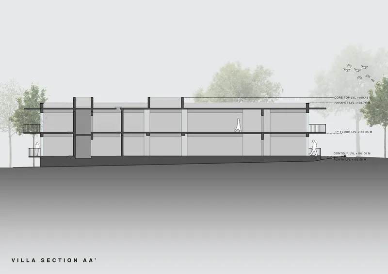 Section drawing revealing two-level interior with structural columns and human figures for scale