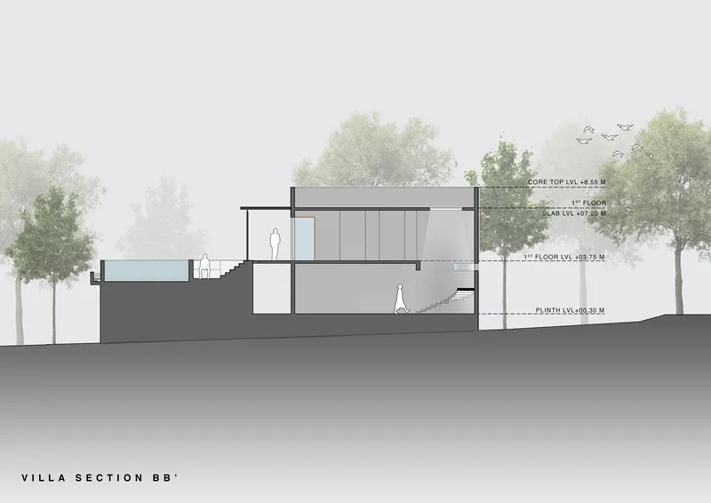 Section drawing showing sloped site with internal staircase connecting split-level floors