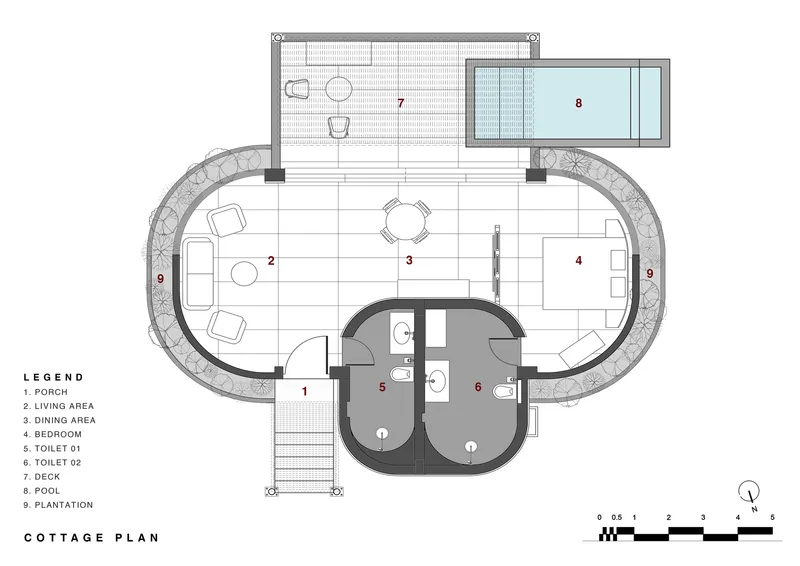 Floor plan drawing of oval-shaped residence with pool, deck, and radiating landscape planting