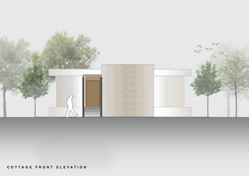 Elevation drawing showing the cottage facade with textured panel entry flanked by trees and a figure walking