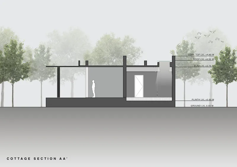 Section drawing revealing interior ceiling heights and a central figure standing between stepped floor levels