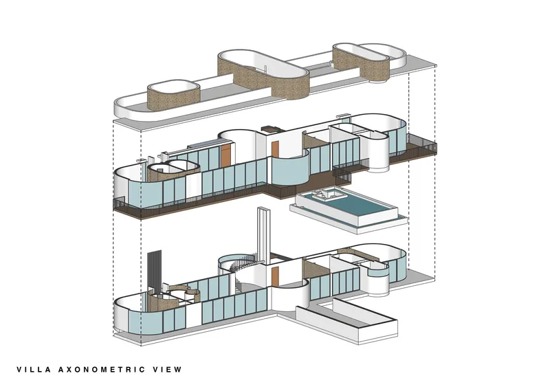 Axonometric drawing showing three stacked floor plates with curved glass walls and cylindrical volumes
