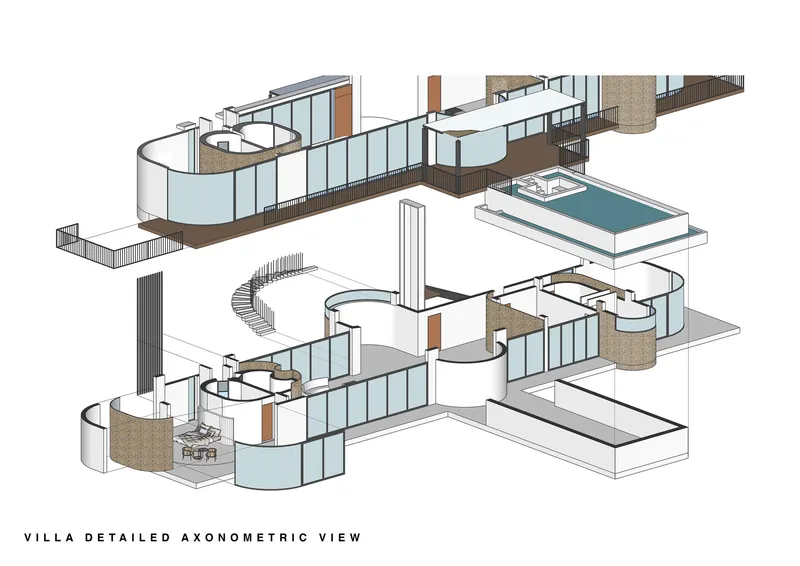 Detailed axonometric drawing revealing two villa levels with spiral stairs, pool terrace and textured wall elements