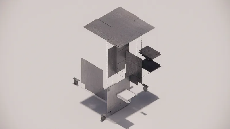 Axonometric drawing showing an exploded view of interlocking volumes, roof planes and vertical circulation elements