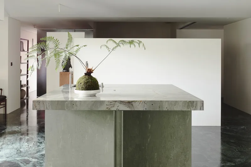 This architectural image showcases a modern interior with a focus on minimalist design. The kitchen island, featuring a marble countertop and a kokedama plant,