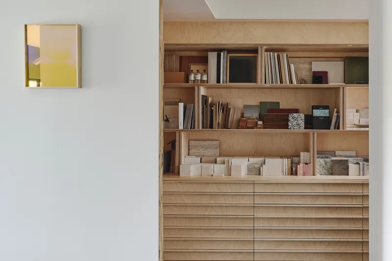This architectural image showcases a built-in plywood shelving unit with drawers, exemplifying modern minimalist design. The shelves are filled with books, samp