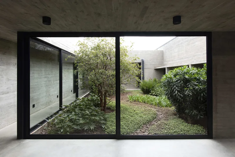 Floor-to-ceiling glass wall overlooking a planted internal courtyard with a small tree and groundcover