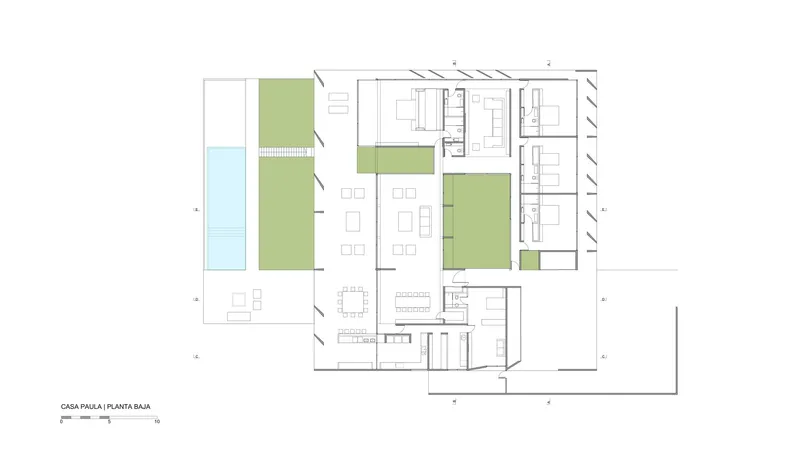 Ground floor plan drawing showing rooms arranged around two interior courtyards