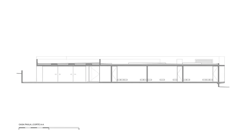 Longitudinal section drawing showing the flat roof structure and interior partitions