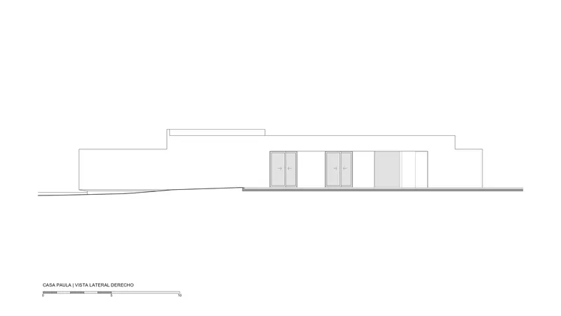 Lateral elevation drawing depicting a stepped roofline with alternating solid and glazed bays