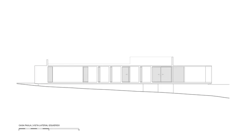 Lateral elevation drawing showing the linear facade with vertical tower elements on a sloping grade