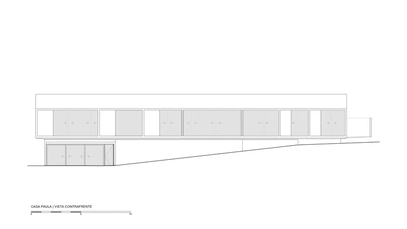 Elevation drawing revealing a two-level composition with continuous horizontal banding on sloped terrain