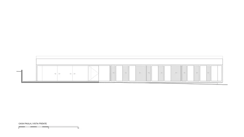 Front elevation drawing displaying a rhythmic sequence of window bays beneath a flat roofline