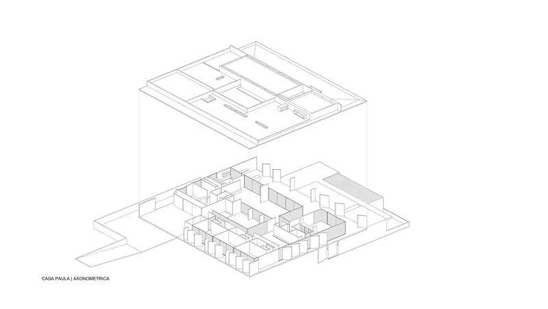 Axonometric drawing showing the exploded roof and interior layout with partition walls and furnishings