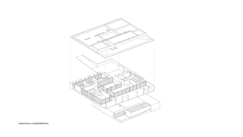 Axonometric drawing showing exploded layers of roof, interior partitions, and floor slabs