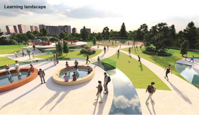 An open learning landscape where movement, interaction, and nature shape everyday education.