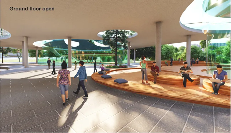 A fluid ground plane designed for collaboration, informal learning, and seamless indoor-outdoor connection.