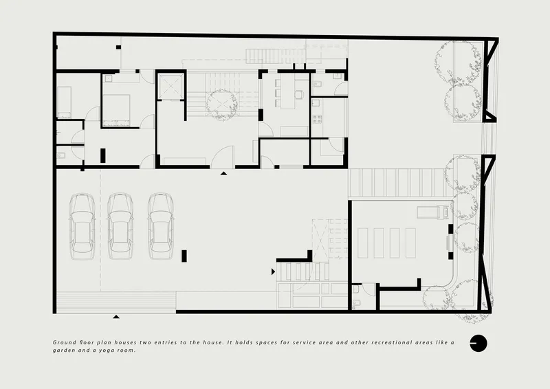 Ground floor plan showing garage with three parking spaces, service areas, and a garden with trees