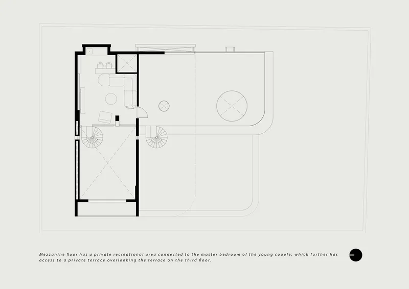 Mezzanine floor plan showing a bedroom suite with access to a terrace overlooking the exterior courtyard