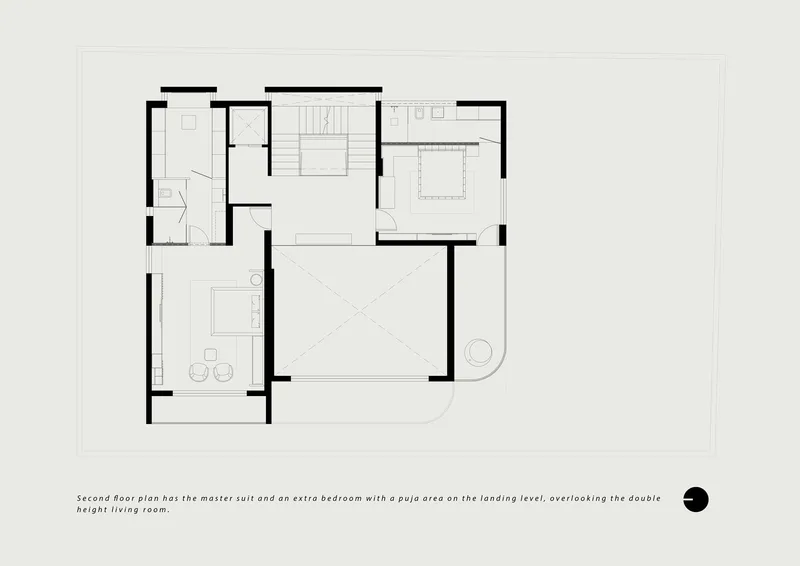 Second floor plan featuring a master suite with a puja area overlooking the double-height living room