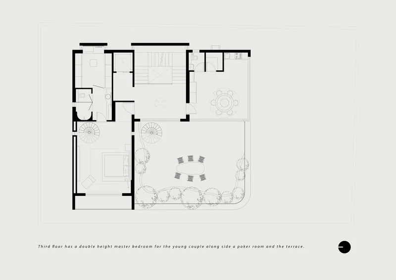 Third floor plan with double-height master bedroom, poker room, and terrace with planted perimeter landscaping