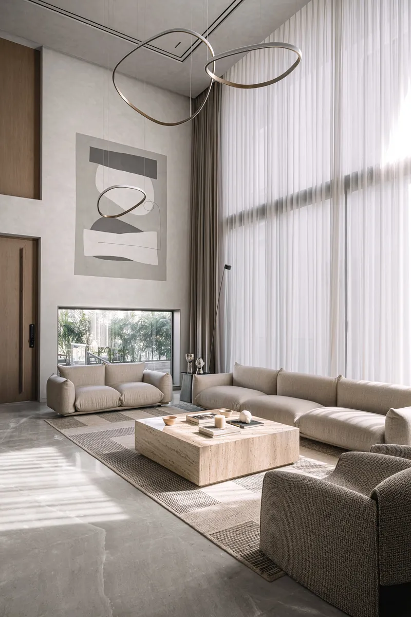 Double-height living room with floor-to-ceiling sheer curtains filtering afternoon sunlight