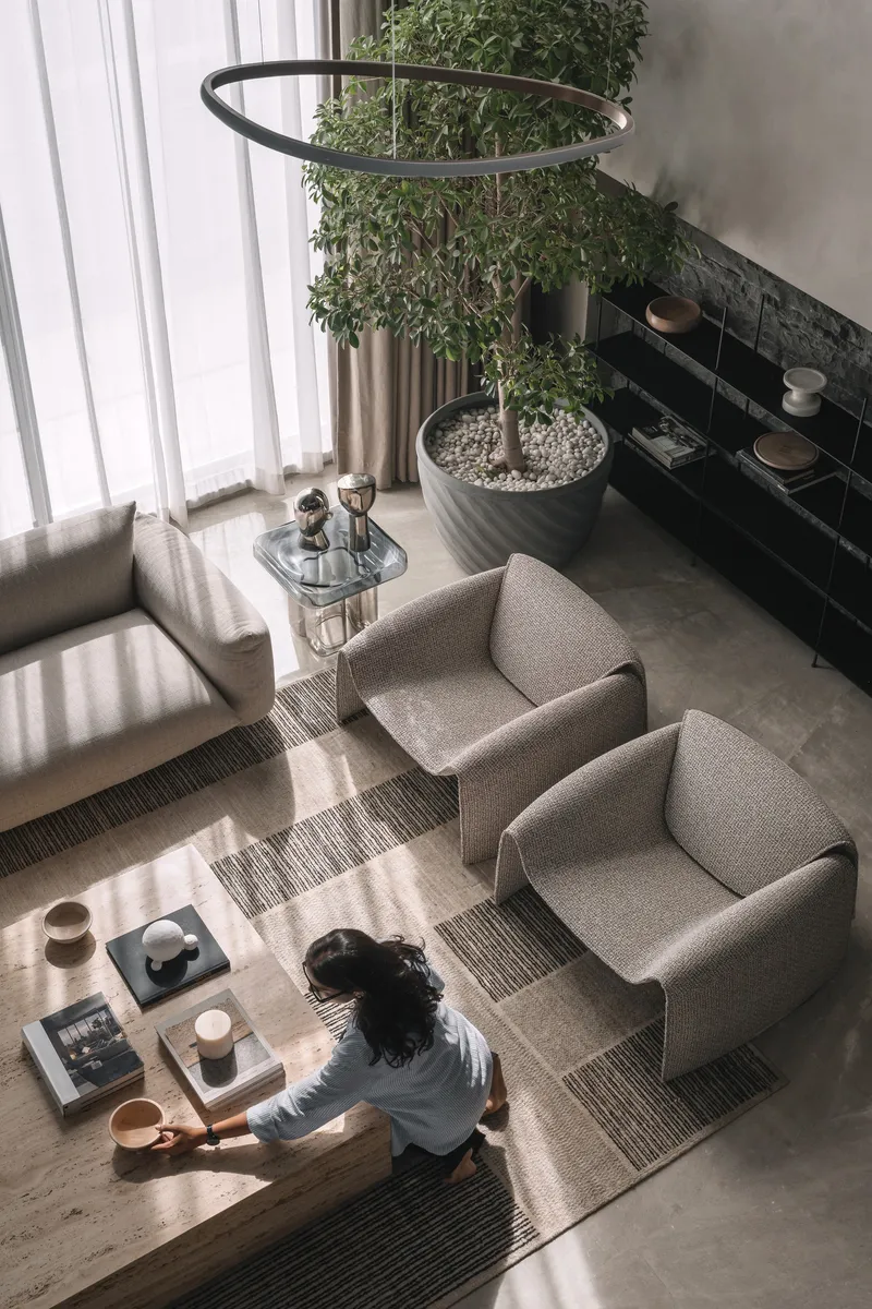 Overhead view of double-height living room with potted tree under circular ring light and person seated below