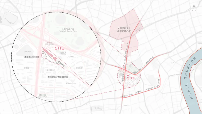 Site plan drawing showing the location of two intervention zones within the surrounding urban street grid