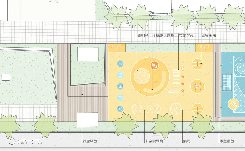 Plan drawing showing a sports court in orange with adjacent planted buffer and neighboring play area