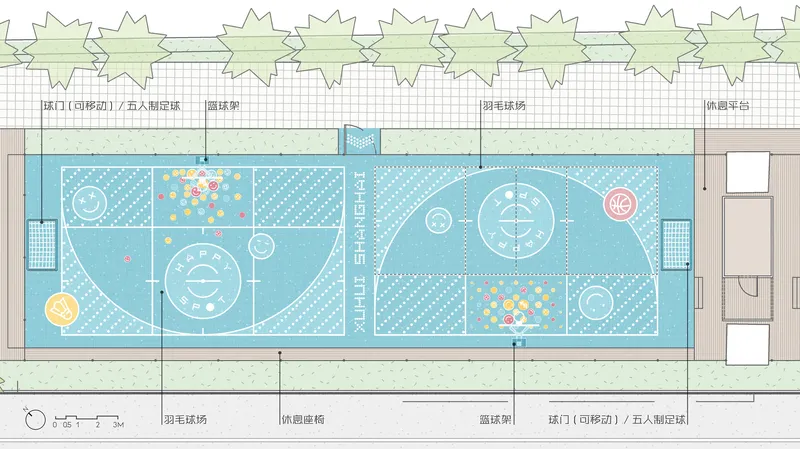Plan drawing of the full basketball court with turquoise surface markings flanked by green tree symbols
