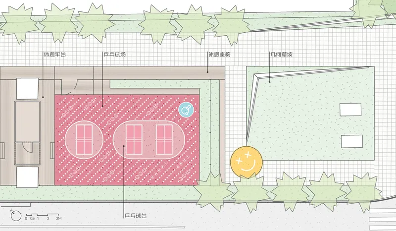 Site plan drawing showing tennis courts adjacent to a green courtyard and tree-lined street edge