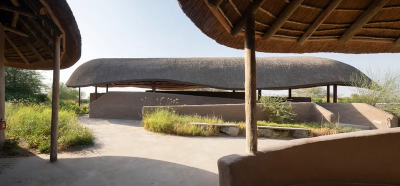 Courtyard view beneath circular thatched pavilions with curved earthen walls and planted beds in afternoon light