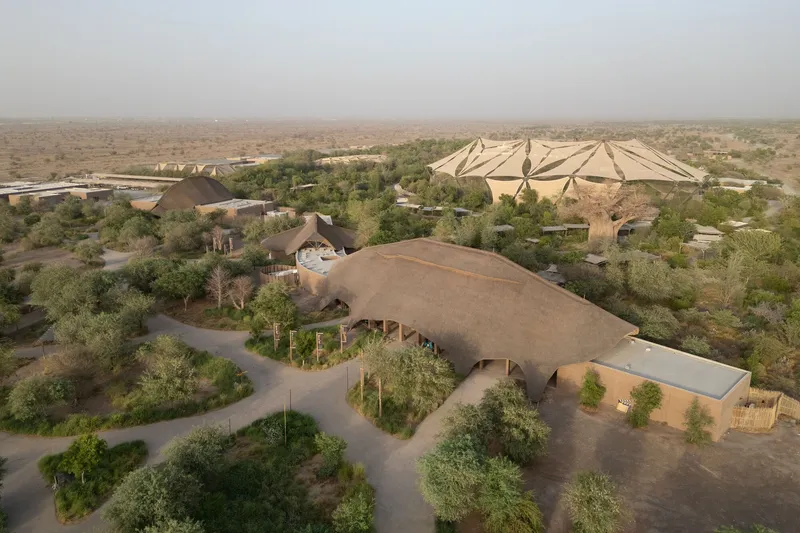 Aerial view of thatched roof structures clustered among trees in a dry landscape with hazy horizon