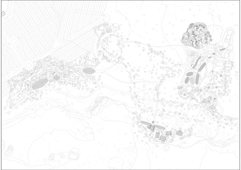 Site plan drawing showing clustered buildings with scattered tree symbols across topographic contours
