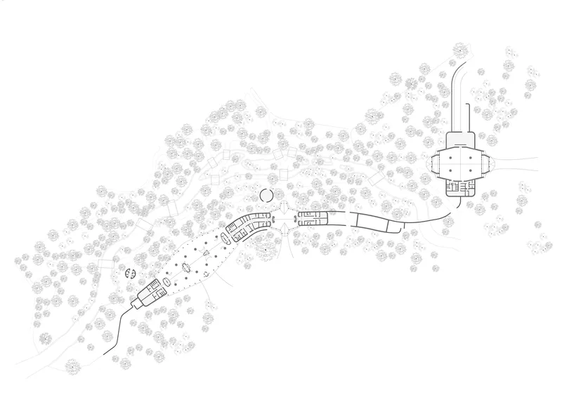 Site plan drawing showing dispersed structures connected by pathways within a field of circular tree symbols