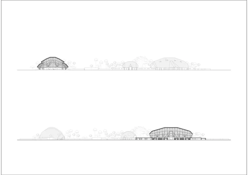 Elevation drawing showing multiple thatched roof profiles with exposed structural framing and surrounding vegetation